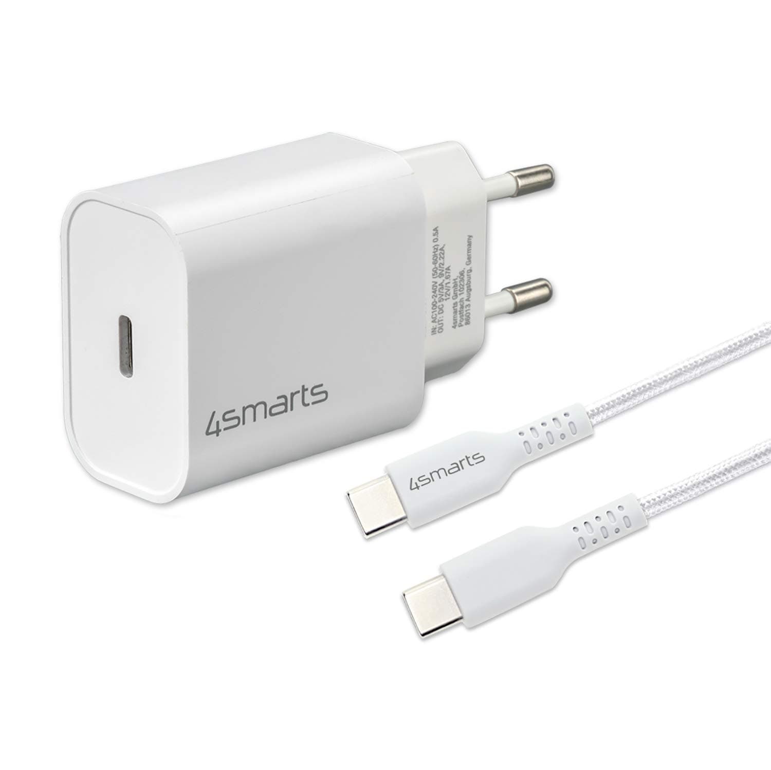 Зарядно устройство 4smarts VoltPlug PD 4S465591, от контакт към 1x USB-C(ж), 12V/1.67A, 20W, бяло, с кабел USB-C към USB-C