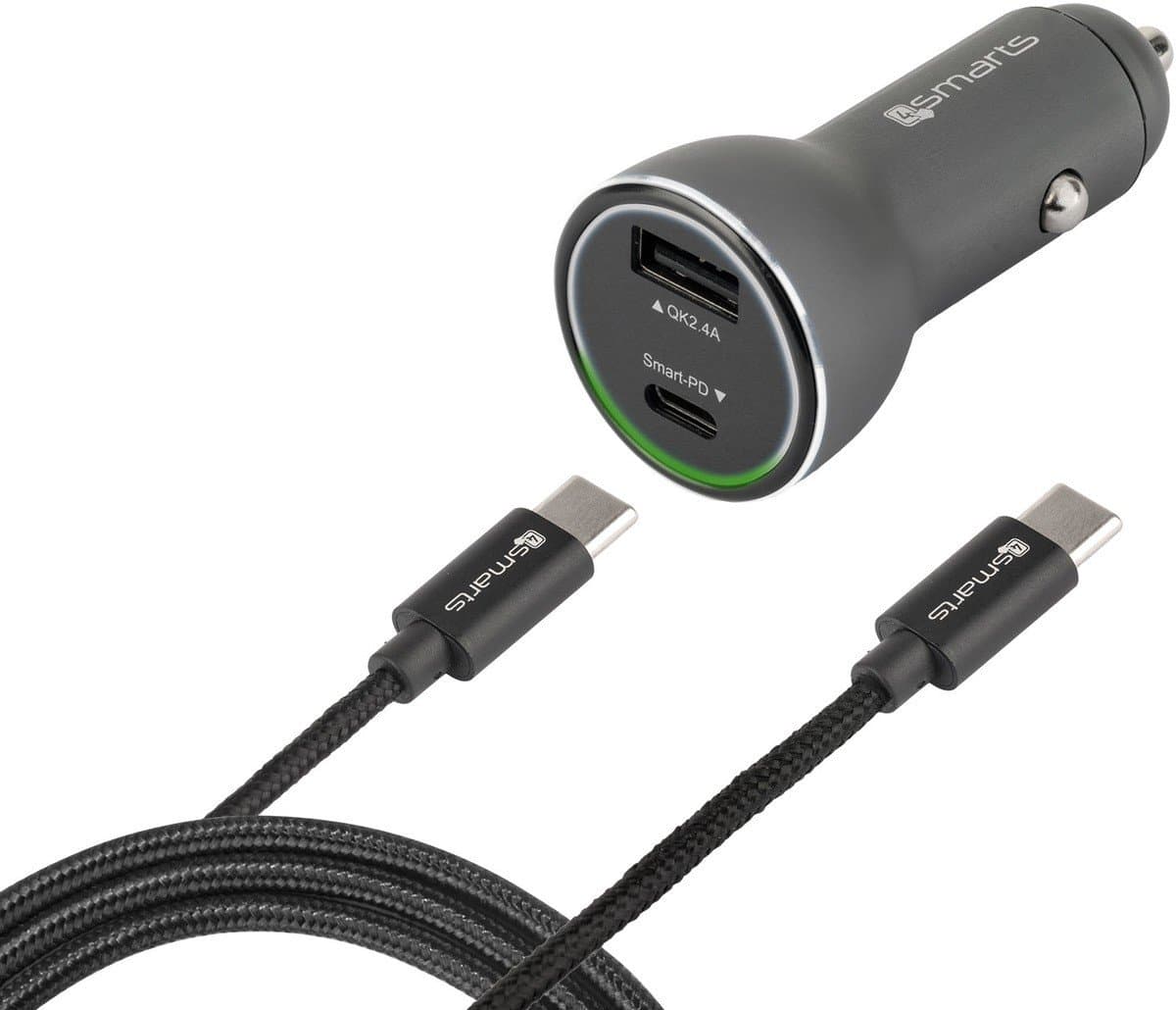 Зарядно за кола 4smarts 4S465537, от автомобилна запалка към 1x USB-A(ж)/1x USB-C(ж), 5V/2.4A, тъмносиво