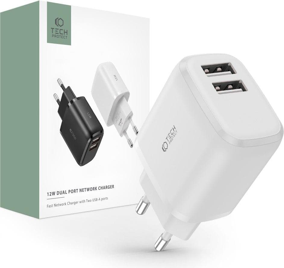 Зарядно устройство Tech-Protect THP1319, от контакт към 2x USB-A(ж), 5V/2.4A, 12W, бял