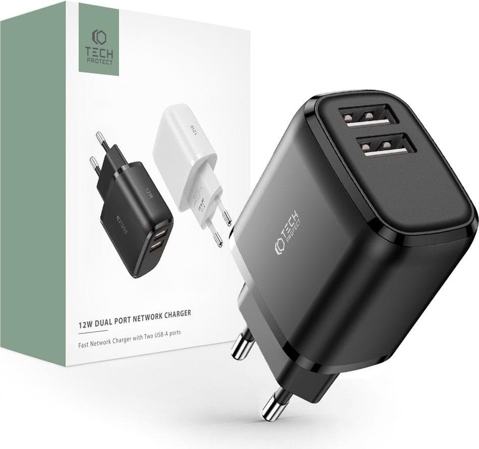 Зарядно устройство Tech-Protect THP1318, от контакт към 2x USB-A(ж), 5V/2.4A, 12W, черен