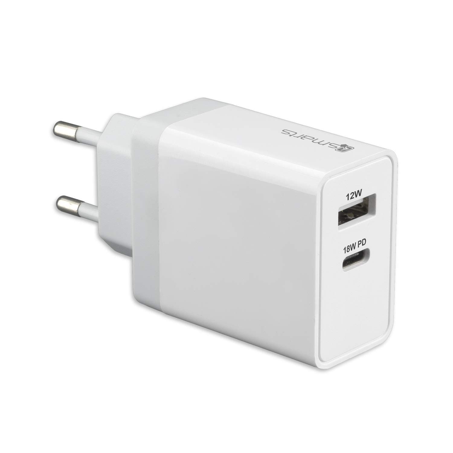 Зарядно устройство 4smarts Wall Charger VoltPlug (4S465545), от контакт към 1x USB-A(ж)/1x USB-C(ж), 5V/2.4A, 30W, бяло