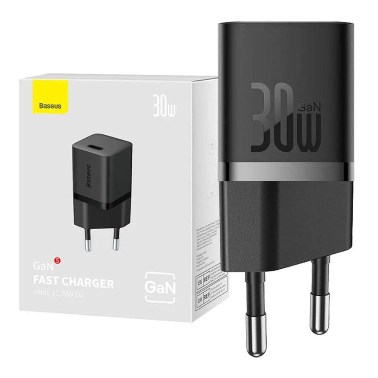 Зарядно устройство Baseus GaN5 (CCGN070401), от контакт към USB-C(ж), 30W, черно