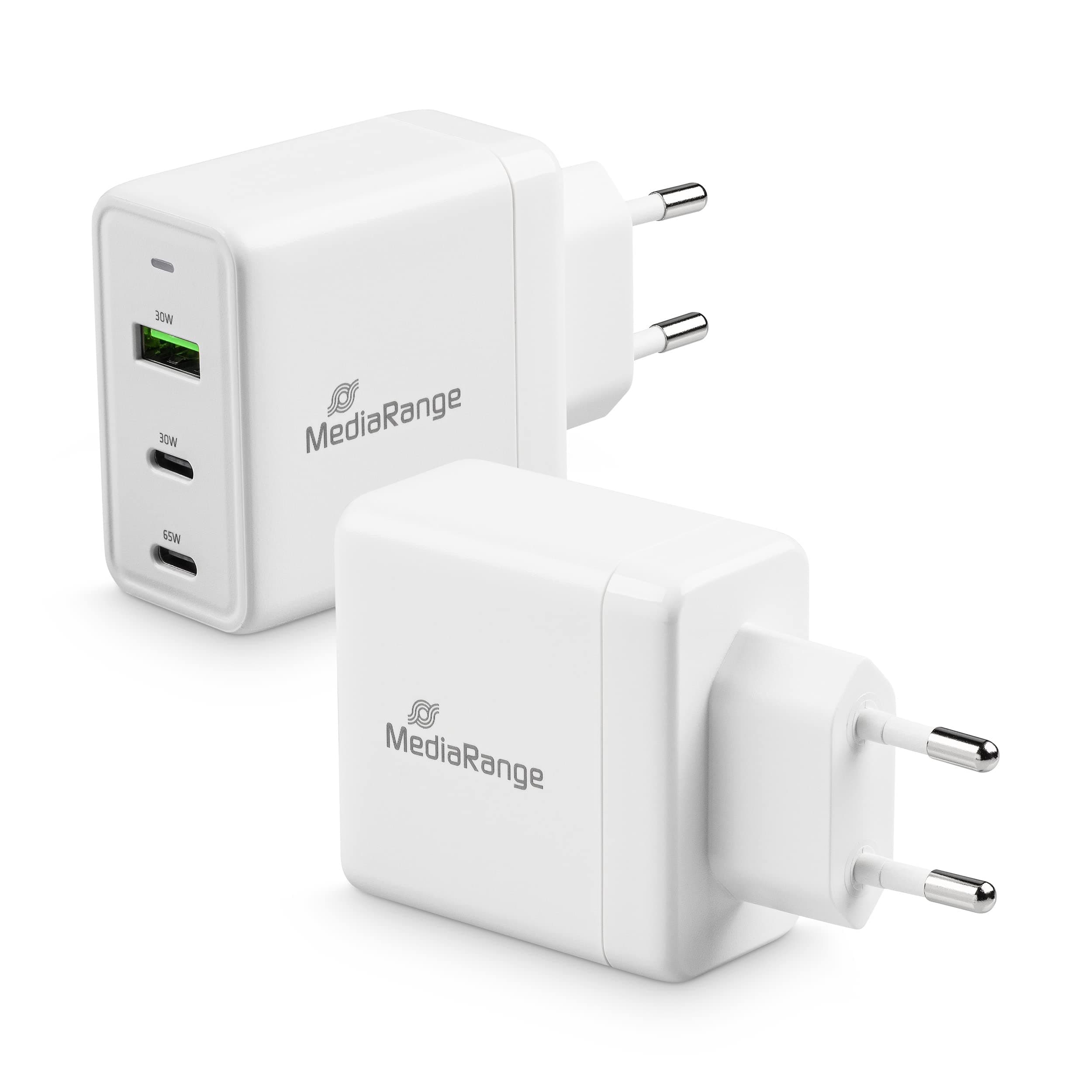 Зарядно устройство MediaRange MRMA116, от контакт към 1x USB-A(ж), 2x USB-C(ж), 20V, 3.25A, бяло, 65W, QC 3.0