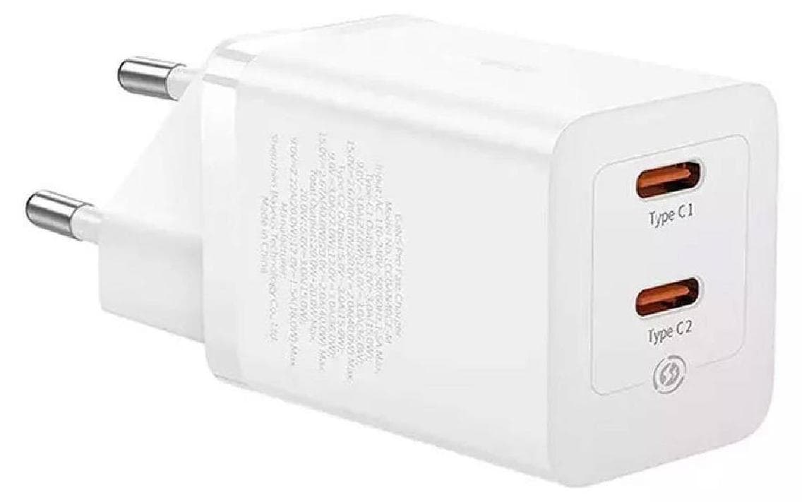 Зарядно устройство Baseus GaN 5 CCGP180102, от контакт към 2x USB-C(ж), 5V/3A, 40W, бяло