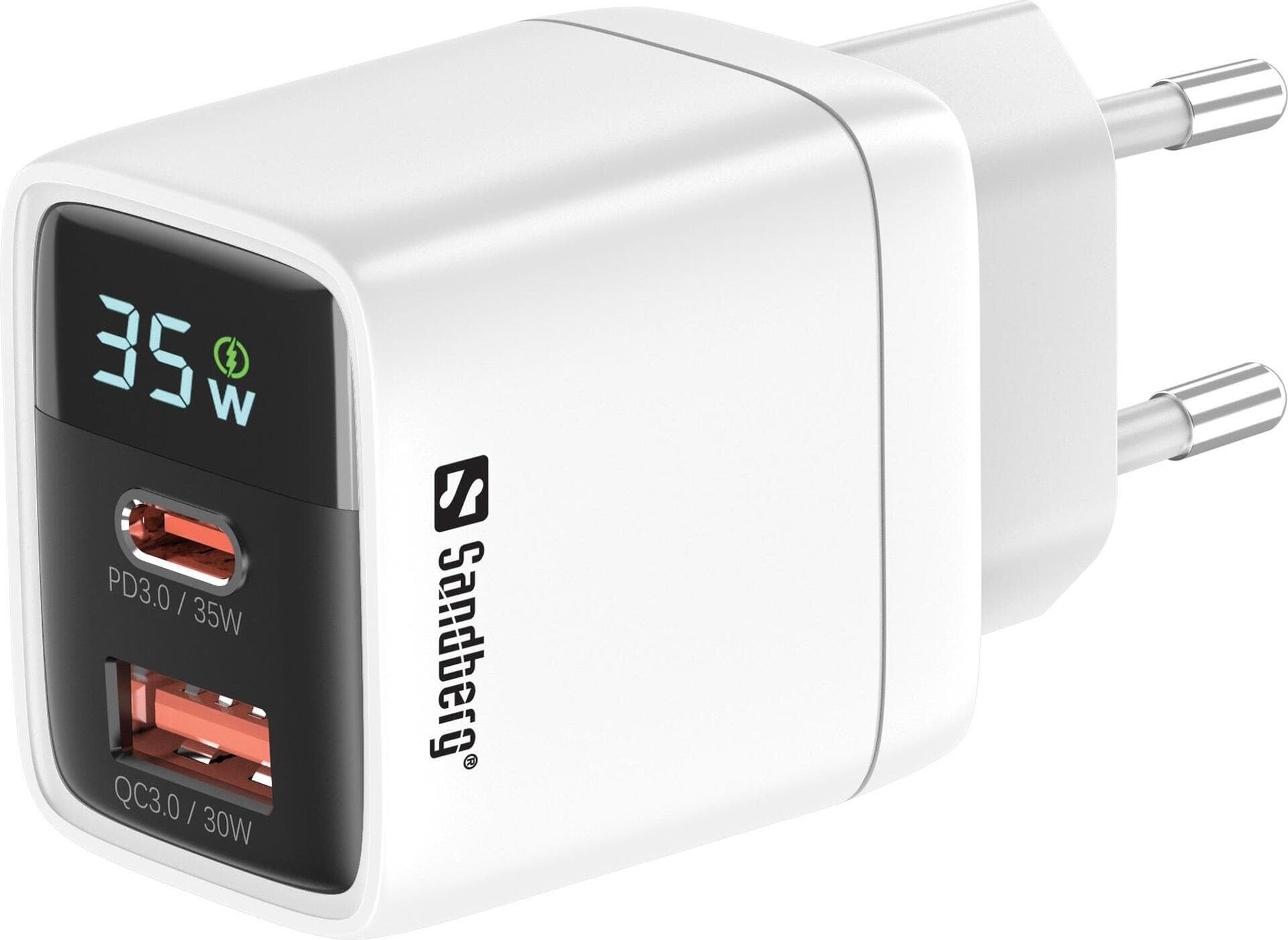 Зарядно устройство Sandberg 441-52, от контакт към 1x USB C(ж), 1x USB A(ж), 20V/1.75A, бяло, 35W, QC 3.0