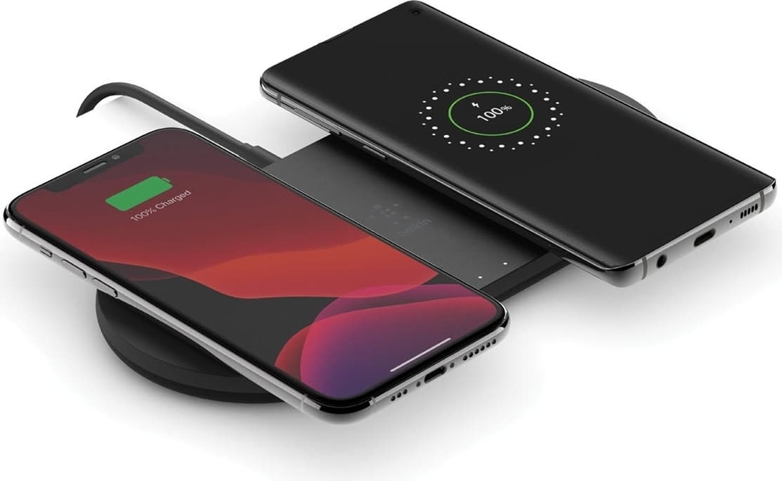 Безжично зарядно Belkin BoostCharge Dual Pad (WIZ008vfBK), от контакт към безжично зареждане, 15W, черно, Qi, две подложки за зареждане