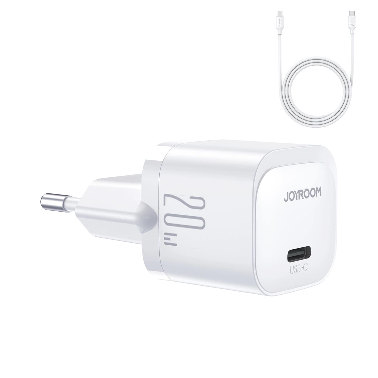 Зарядно устройство Joyroom JR-TCF02, от контакт към 1x USB-C(ж), 12V/1.67A, бяло, 20W, кабел от USB-C(м) към USB-C(м)
