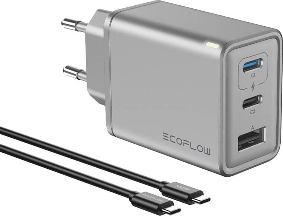 Зарядно устройство EcoFlow Rapid GaN, от контакт към 2x USB-C(ж), 1x USB-A(ж), 20V/3.25A, сиво, 65W, PD 3.0, кабел от USB-C(м) към USB-C(м)