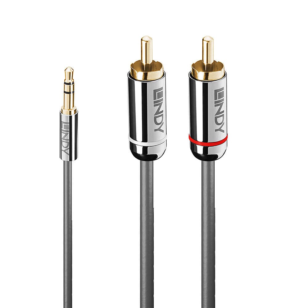 Кабел Lindy LNY-35332, от 3.5mm жак(м) към 2x RCA чинч(m), 0.5m, сив
