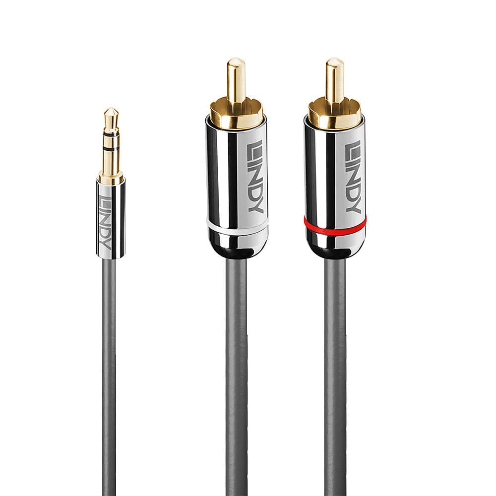 Кабел Lindy LNY-35334, от 3.5mm жак(м) към 2x RCA чинч(m), 2m, сив