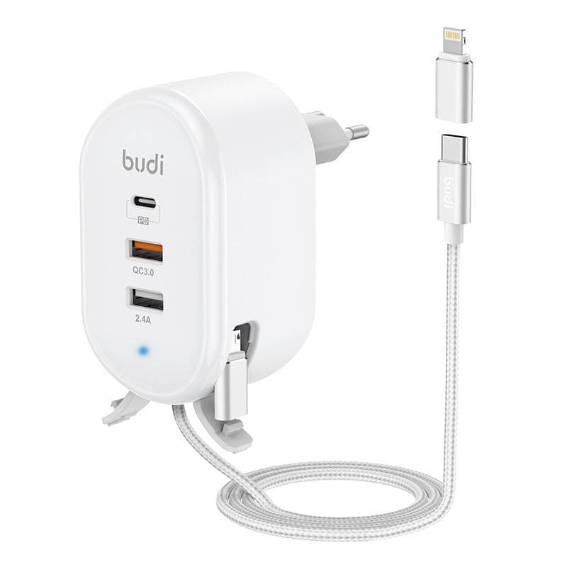 Зарядно устройство Budi 312TE, от контакт към 1x USB-C(ж), 1x USB-C/Lightning(м), 2x USB-A(ж), 12V/1.5A, бяло, 30W