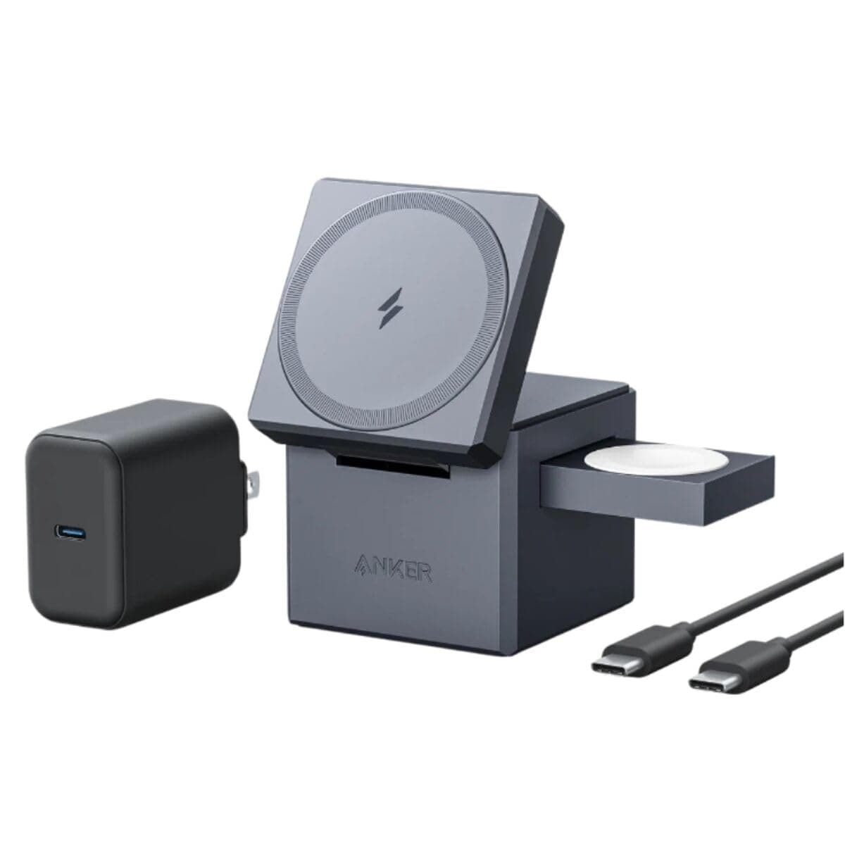 Безжично зарядно Anker 3in1 Cube with MagSafe (Y1811G11), тройна поставка за безжично зареждане, черно, 30W
