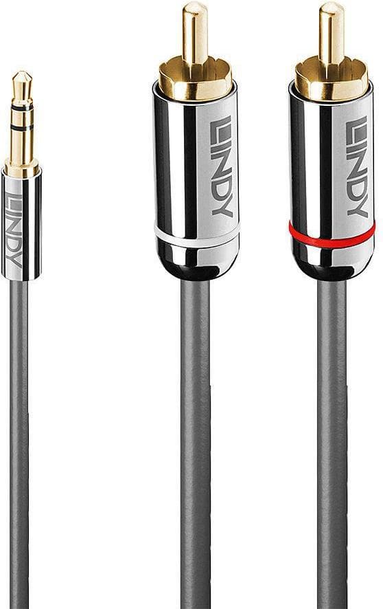 Кабел Lindy LNY-35335, от 3.5mm жак(м) към 2x RCA чинч(m), 3m, сив