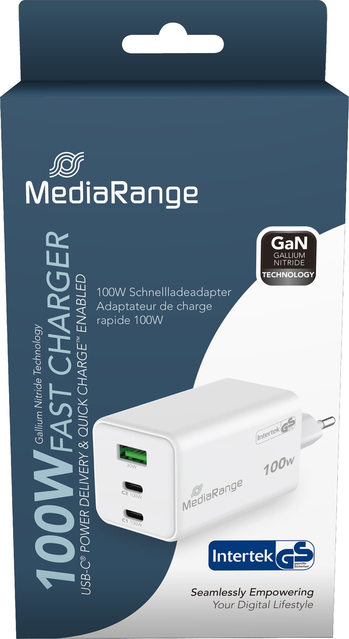 Зарядно устройство MediaRange MRMA123, от контакт към 1x USB-A(ж), 2x USB-C(ж), 20V, 5.0A, бяло, 100W, QC 3.0