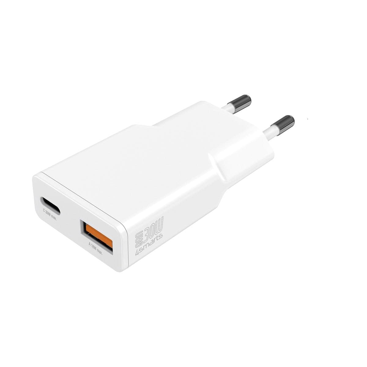 Зарядно устройство 4smarts GaN Duos Slim (541125), от контакт към 1x USB-C(ж), 1x USB-A(ж), 12V/1.5A, бяло, QC 4.0+