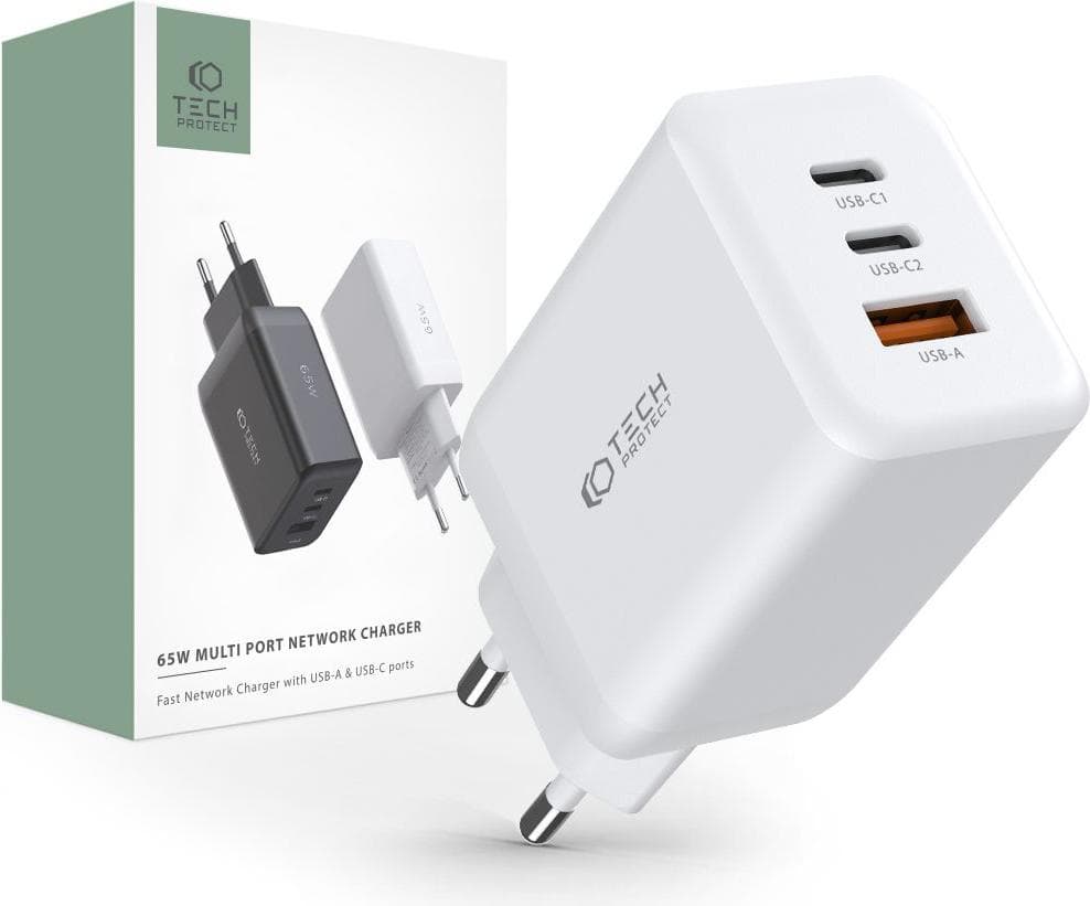 Зарядно устройство Tech-Protect C65W, от контакт към 2x USB-C(ж), 1x USB-A(ж), 15V/3.25A, бяло, 65W, PD 3.0