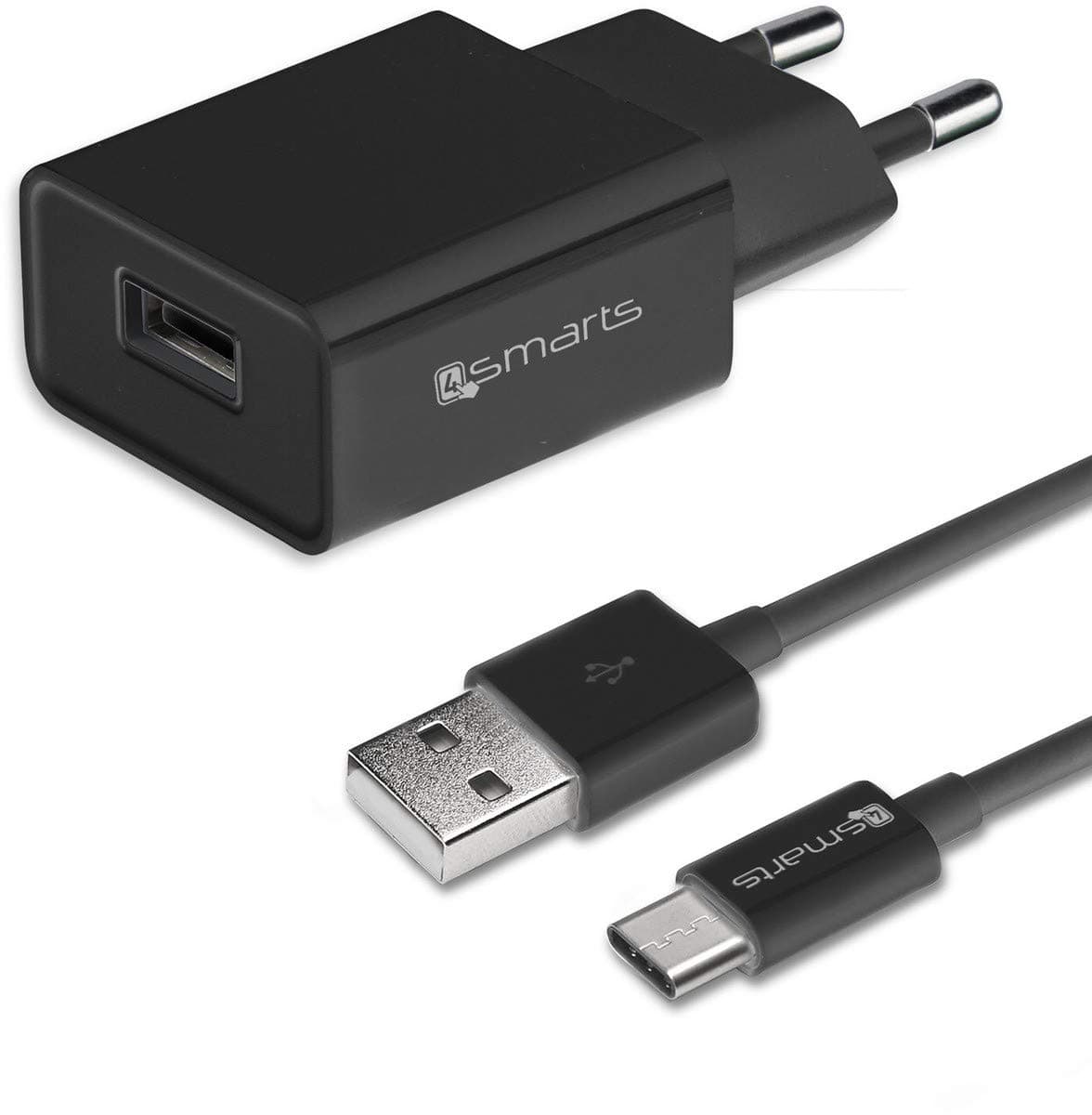 Зарядно устройство 4Smarts 4S465557, от контакт към 1x USB-A(ж), 5V/2.4A, черно, 12W, кабел от USB-A(м) към USB-C(м)