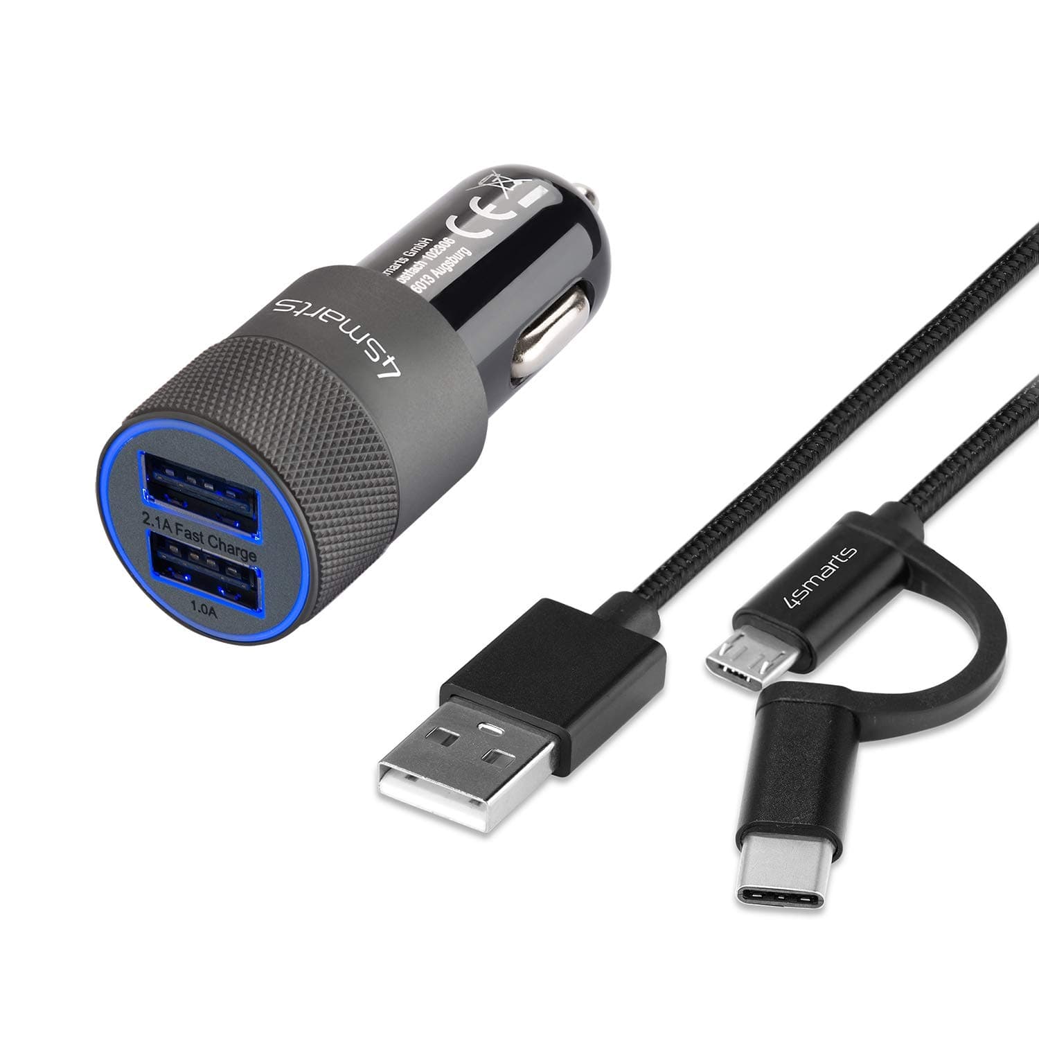 Зарядно устройство 4Smarts 4S464444, за кола, от автомобилна запалка към 2x USB-A(ж), черно, кабел от USB-A(м) към USB Micro B/USB-C(м)