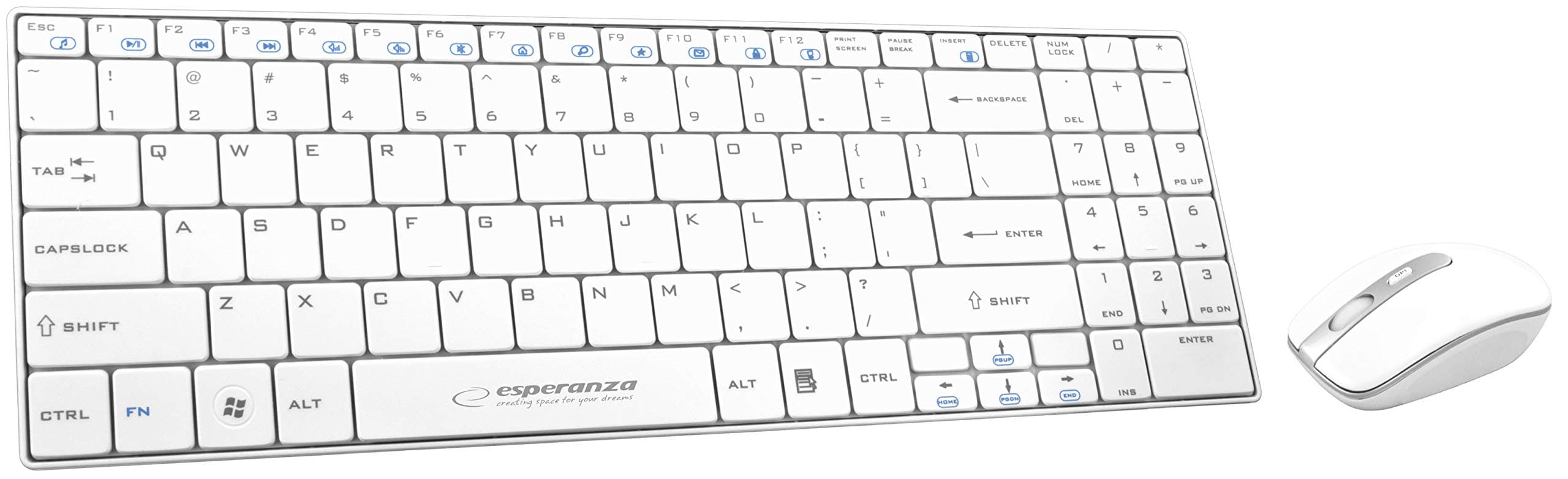 Комплект клавиатура и мишка Esperanza EK122, безжични, оптична (1600 dpi), USB, бели