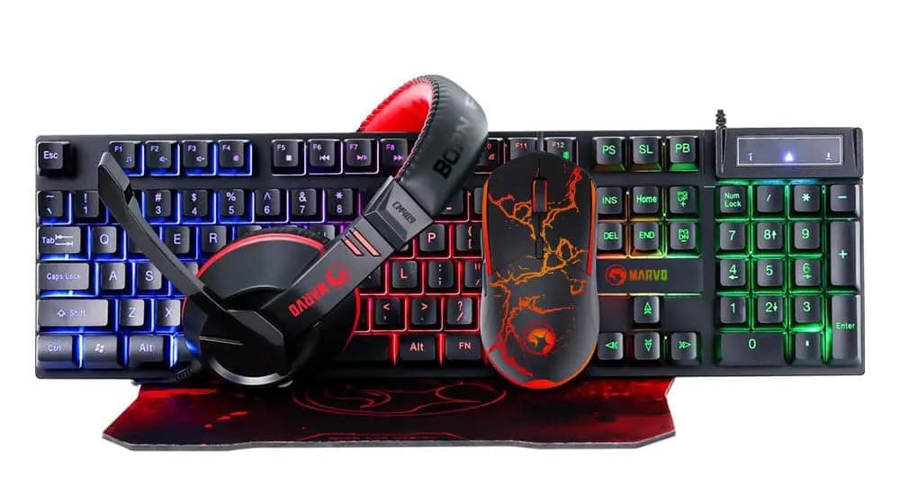 Комплект клавиатура, мишка, слушалки и пад Marvo Gaming COMBO CM409, оптична (3200 dpi), гейминг, RGB подсветка, USB, черни