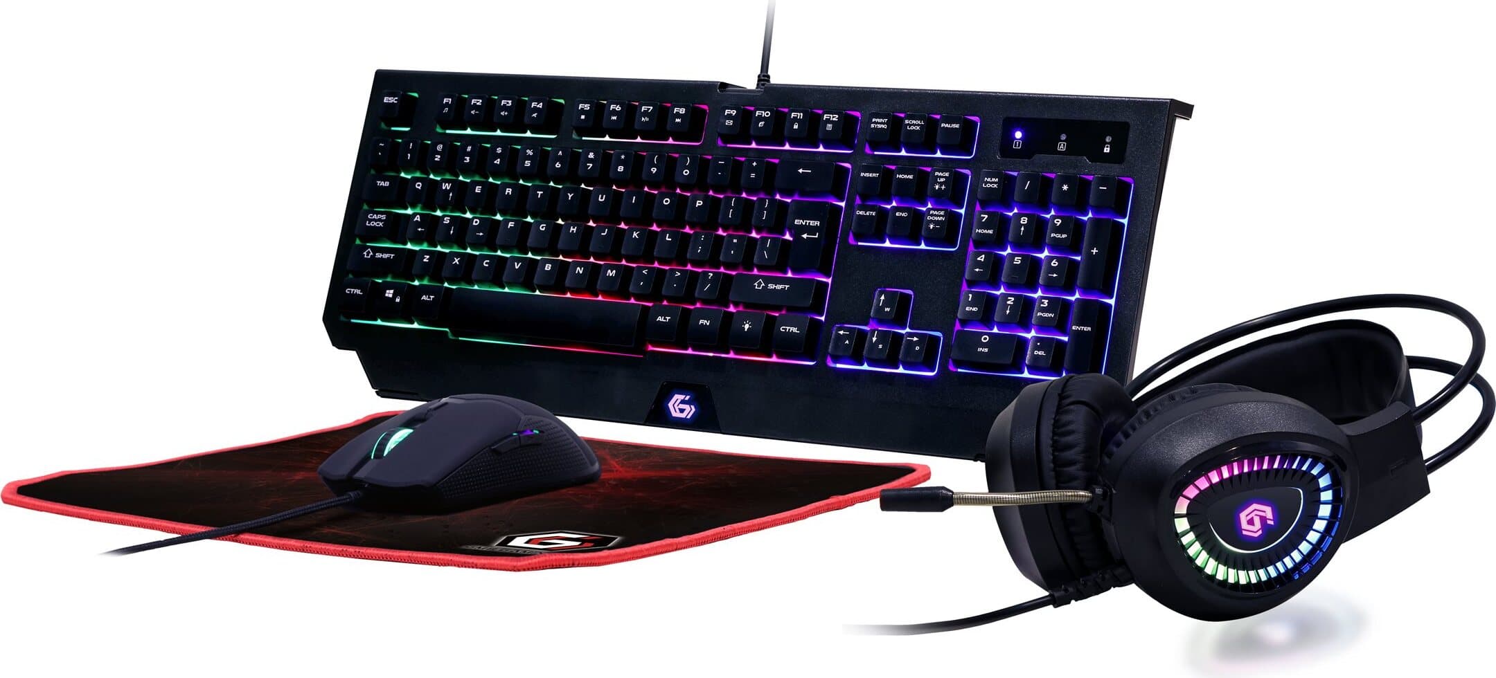 Комплект клавиатура, мишка, слушалки и пад Gembird Ultimate 4-in-1 Gaming kit "Phantom" (GGS-UMGL4-01), жични, оптична мишка (1600 dpi), LED подсветки, черни