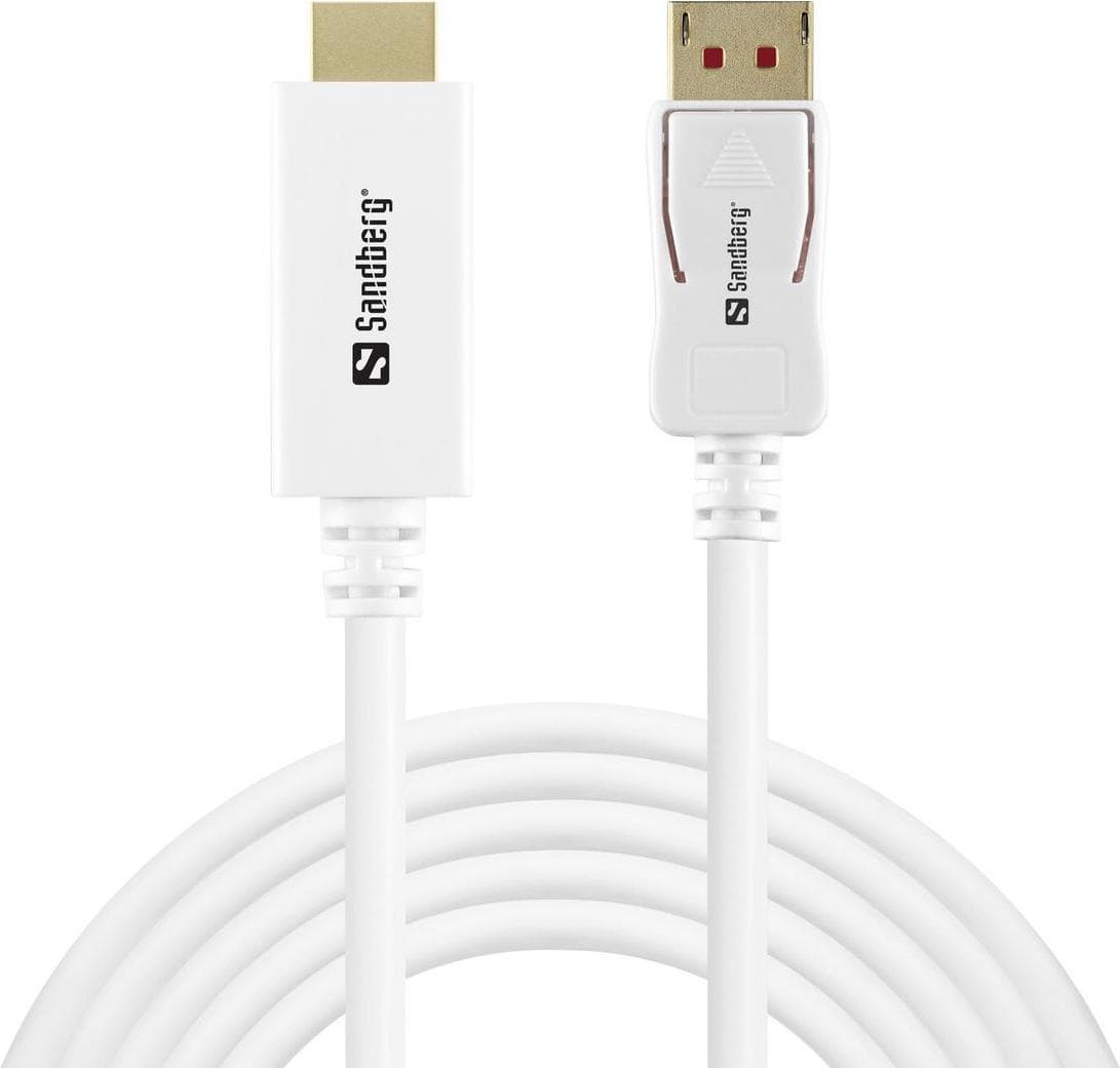Кабел Sandberg SNB-509-16, от DisplayPort(м) към HDMI(м), 4K@60Hz, 2m, бял