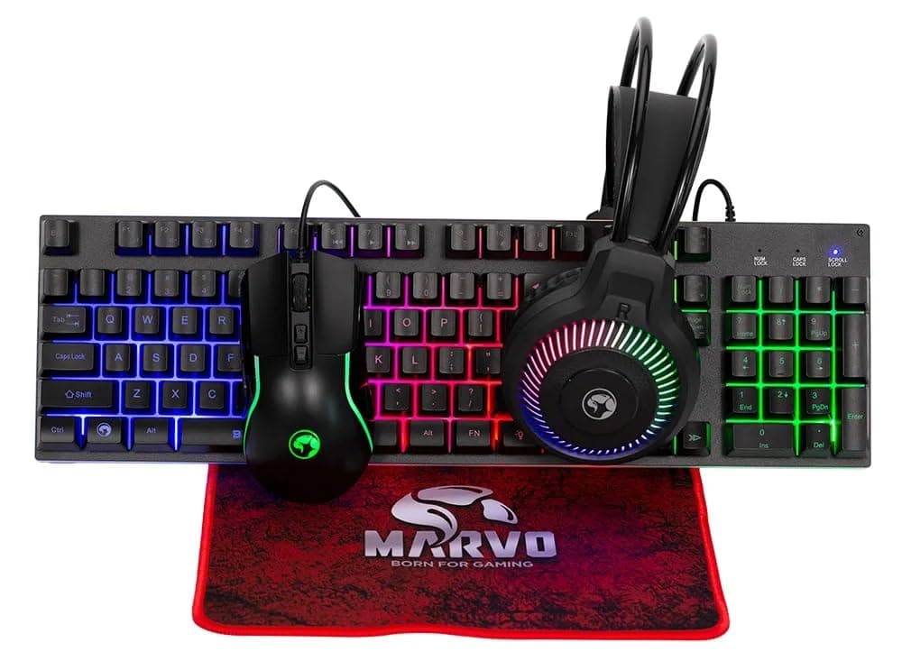 Комплект клавиатура, мишка, пад и слушалки Marvo Loot 40, гейминг, RGB подсветка, 8000dpi, USB, черни