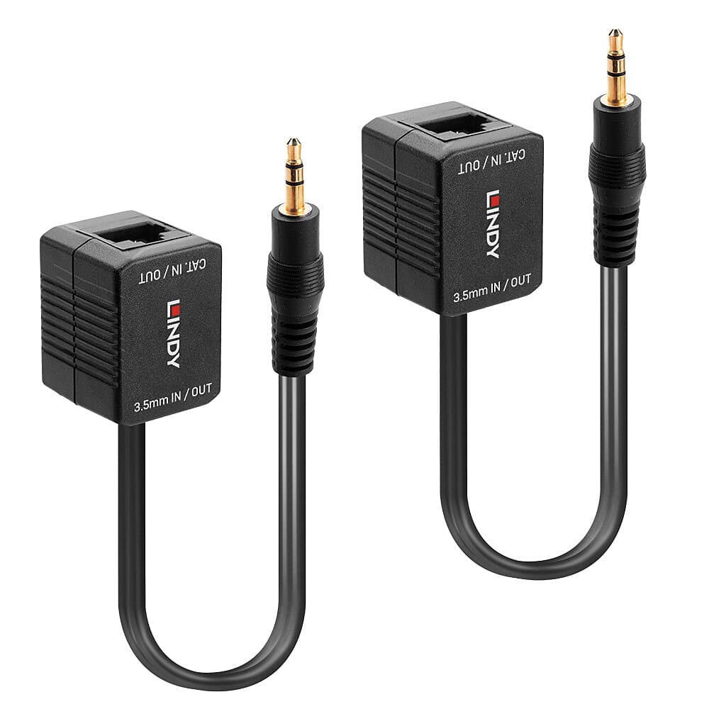 Кабел Lindy 70450, от RJ-45 Cat. 5/6(ж) към AUX(м), черен, удължителен, изпраща аналогов звук на 500 метра през стандартен мрежов кабел