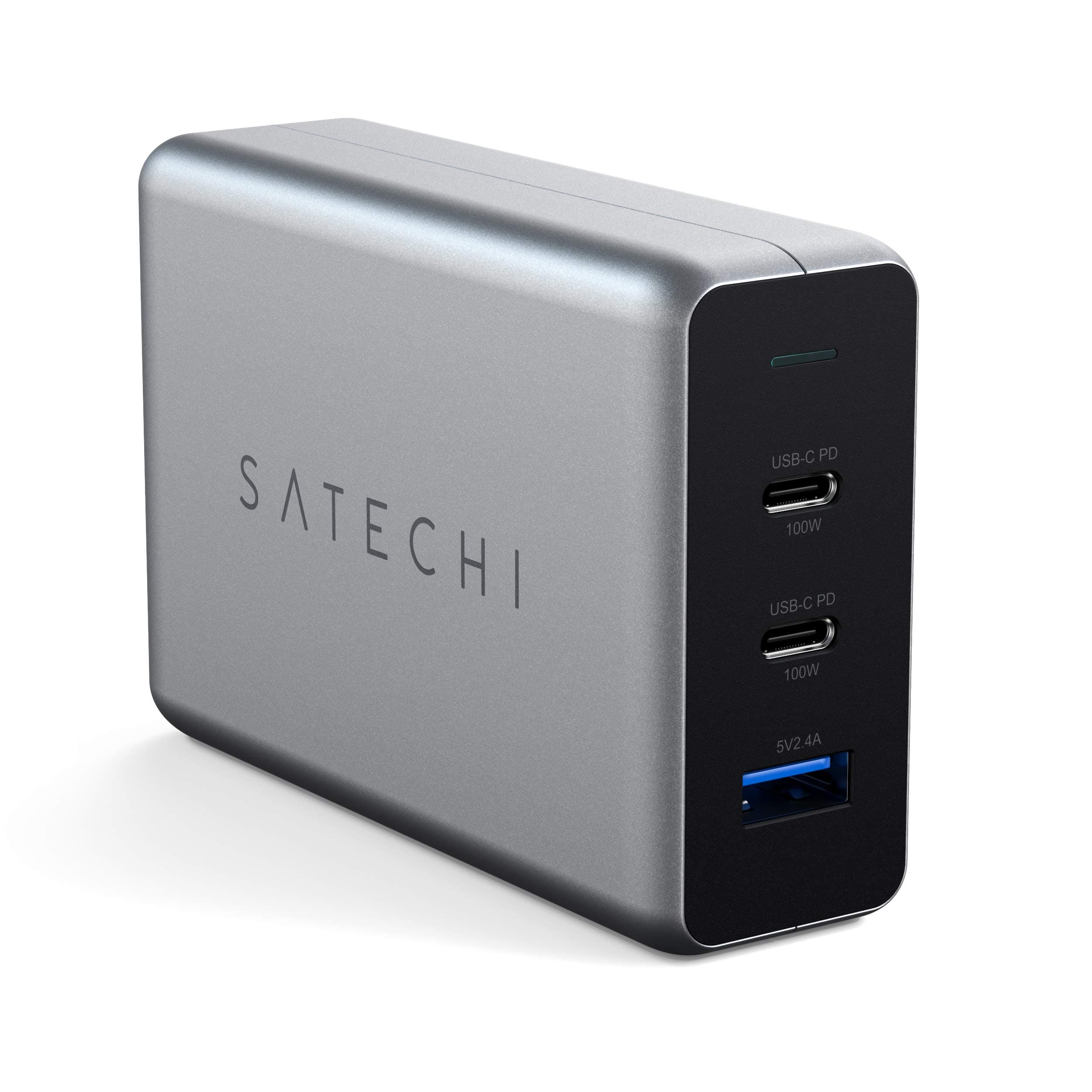 Захранване за ел. мрежа с 2xUSB-C PD изхода и USB 3.0 изход - Satechi 100W USB-C PD Compact GaN Charger (сив)