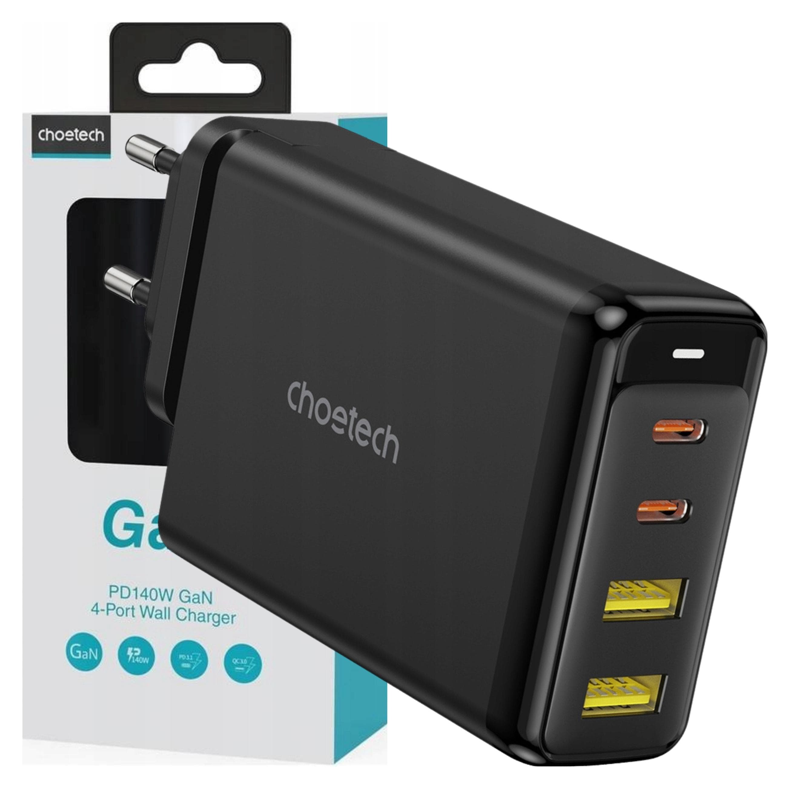 Захранване за ел. мрежа за лаптопи, смартфони и таблети с 2xUSB-A и 2xUSB-C изходи с технология за бързо зареждане - Choetech GaN Fast Wall Charger 140W (черен)