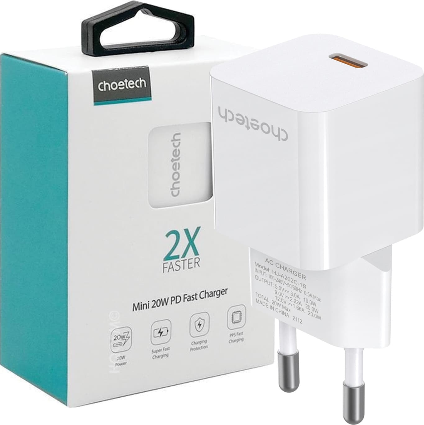 Захранване за ел. мрежа 20W с USB-C изход и технология за бързо зареждане - Choetech Mini Wall Charger USB-C 20W PD (бял)