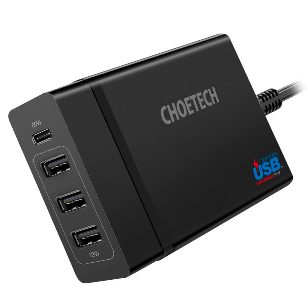 Захранване за ел. мрежа с 3xUSB-A и 1xUSB-C 60W изходи с технология за бързо зареждане - Choetech travel wall Charger 72W PD72-1C3U (черен)
