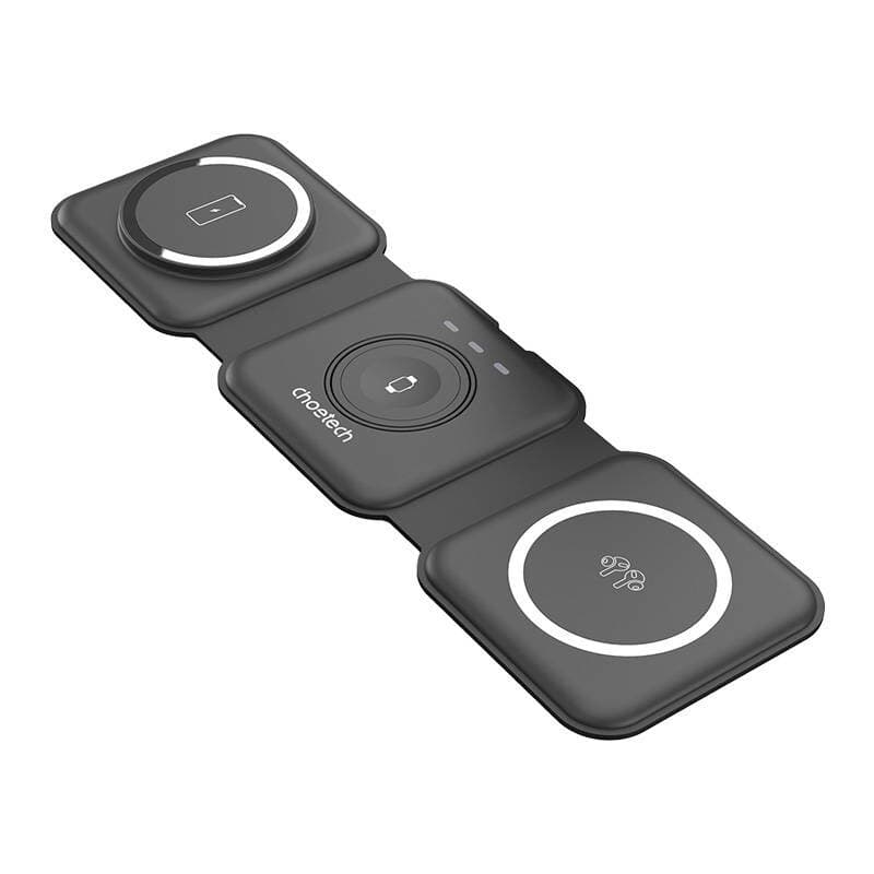 Тройна поставка (пад) за безжично зареждане на iPhone с Magsafe, Apple Watch и Qi съвместими устройства - Choetech 3-in-1 MagSafe Wireless Charger 15W (черен)