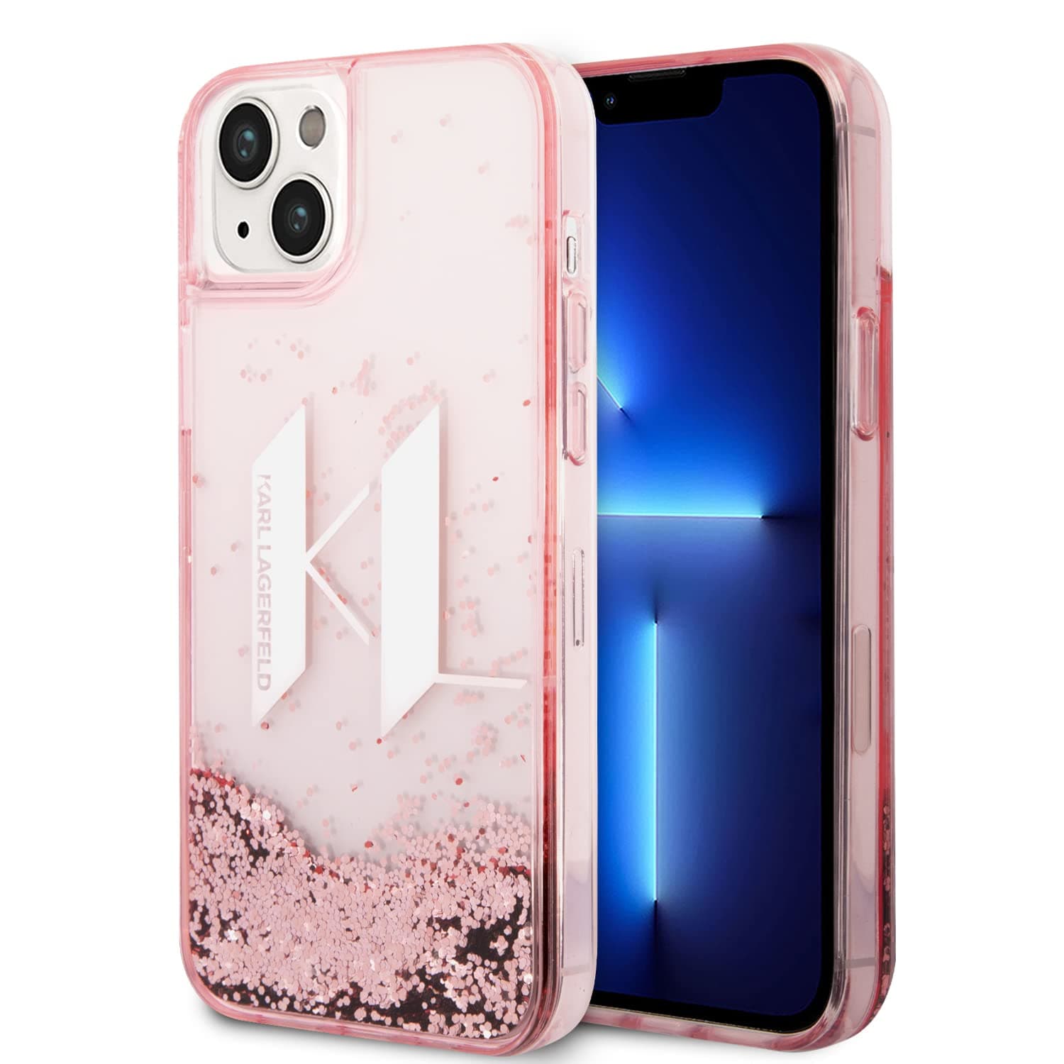 Калъф за Apple iPhone 14 Plus, Karl Lagerfeld Liquid Glitter Big KL Logo, прозрачен/розов