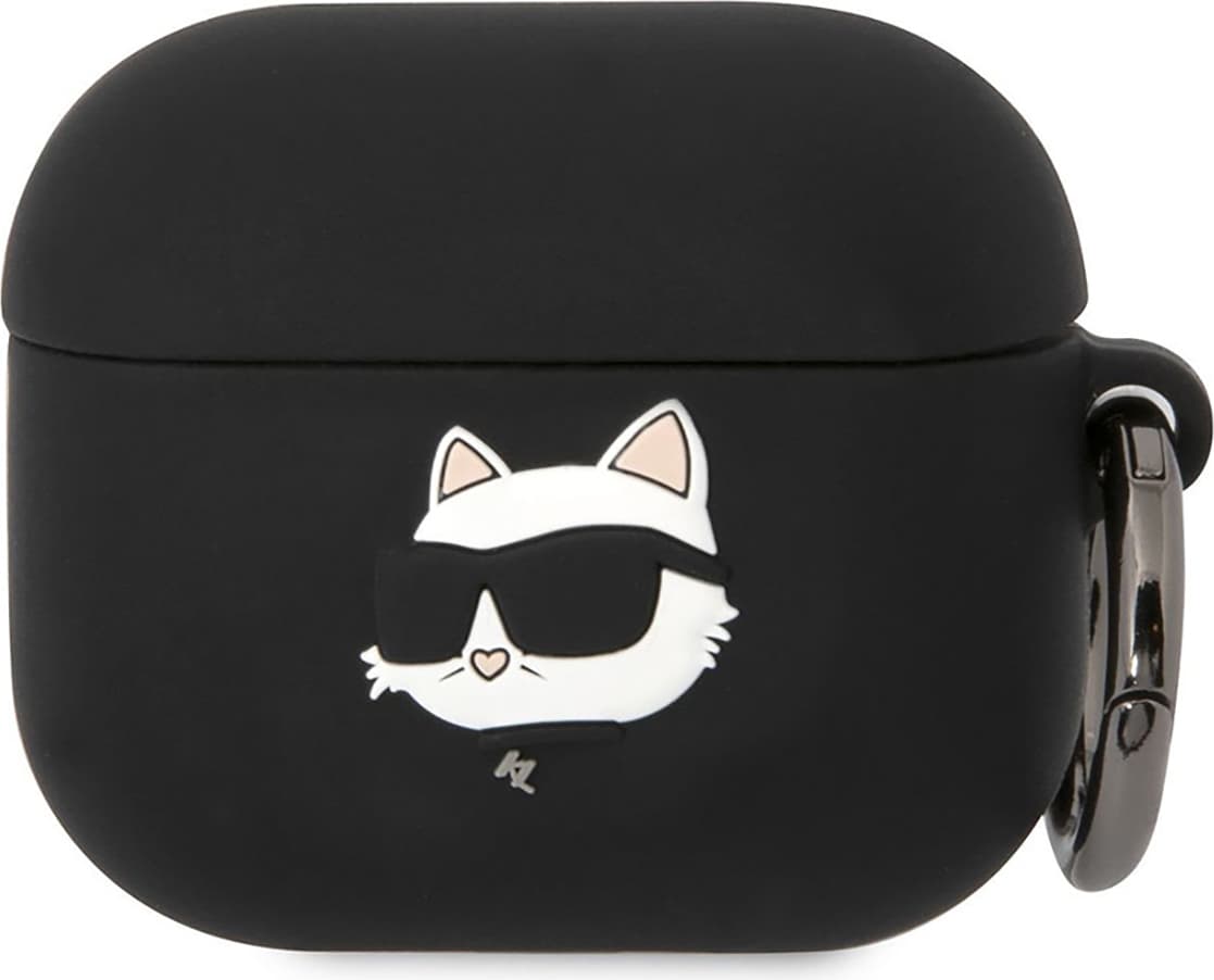 Силиконов калъф с карабинер за Apple AirPods 3 - Karl Lagerfeld AirPods 3 3D Logo NFT Choupette Head Silicone Case (черен)