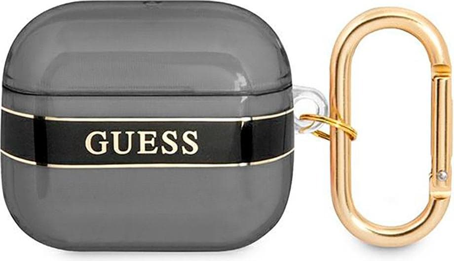 Силиконов калъф с карабинер за Apple AirPods 3 - Guess AirPods Printed Stripe Silicone Case (черен)