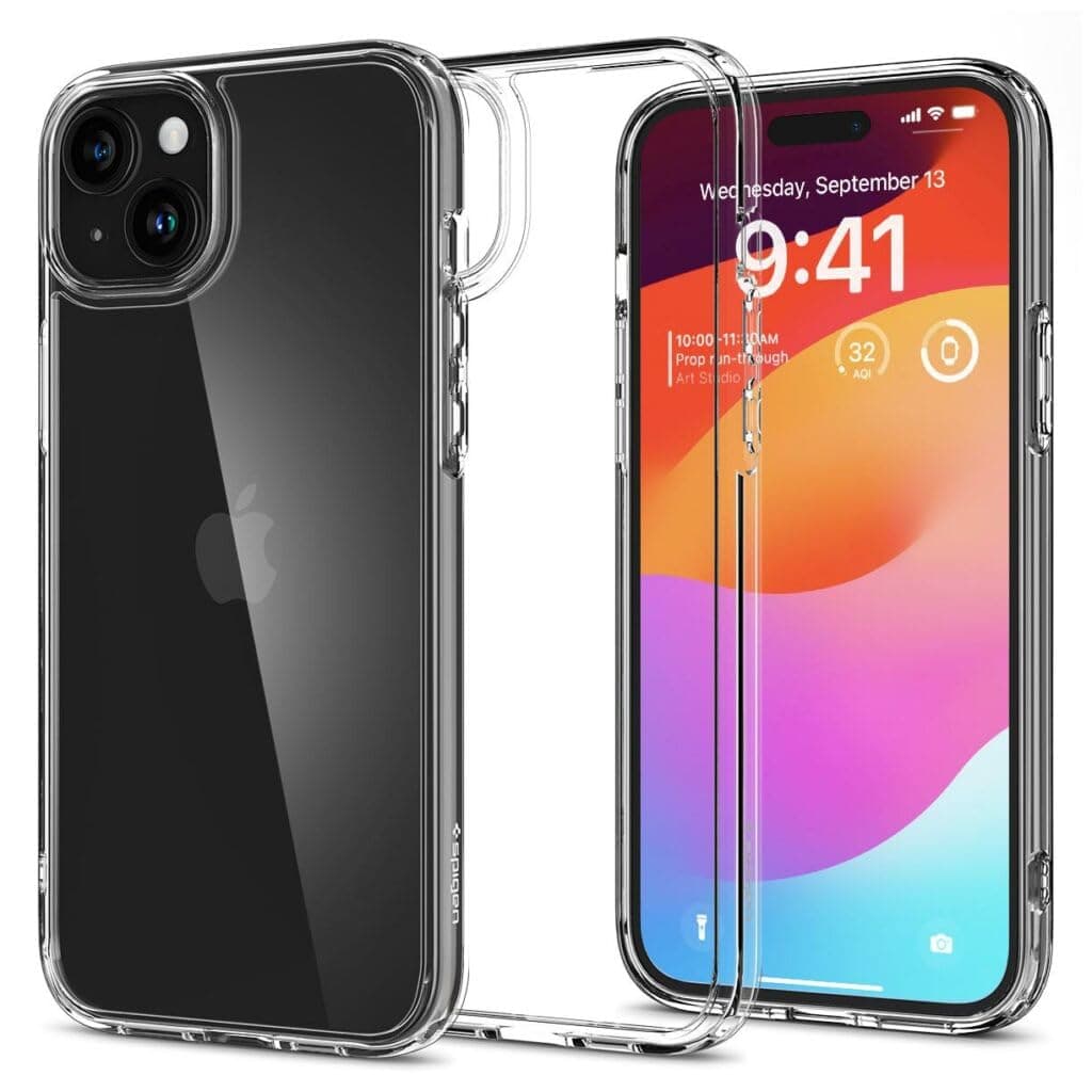 Калъф за Apple iPhone 15 Plus, хибриден (термополиуретан и поликарбонат), Spigen Crystal Hybrid (ACS06462), удароустойчив, прозрачен с черна рамка