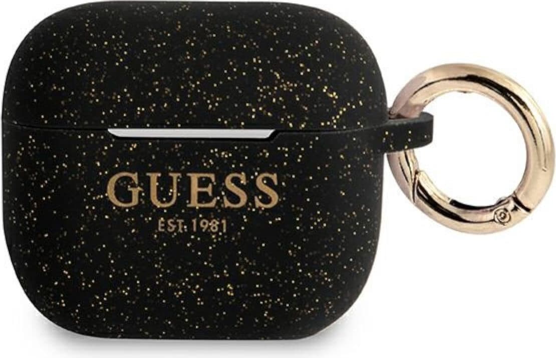 Силиконов калъф с карабинер за Apple Airpods 3 - Guess AirPods 3 Silicone Glitter Case (черен)