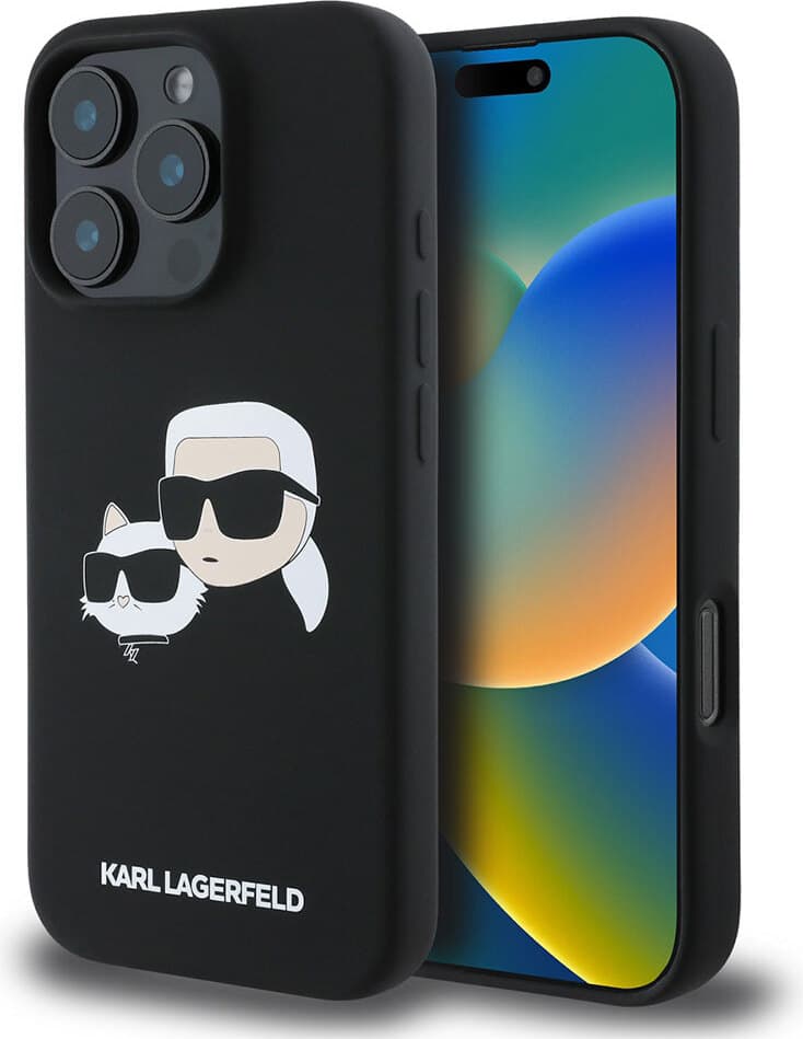 Калъф за Apple iPhone 16 Pro, силиконов, Karl Lagerfeld Liquid Silicone Double Heads MagSafe Case, удароустойчив, черен