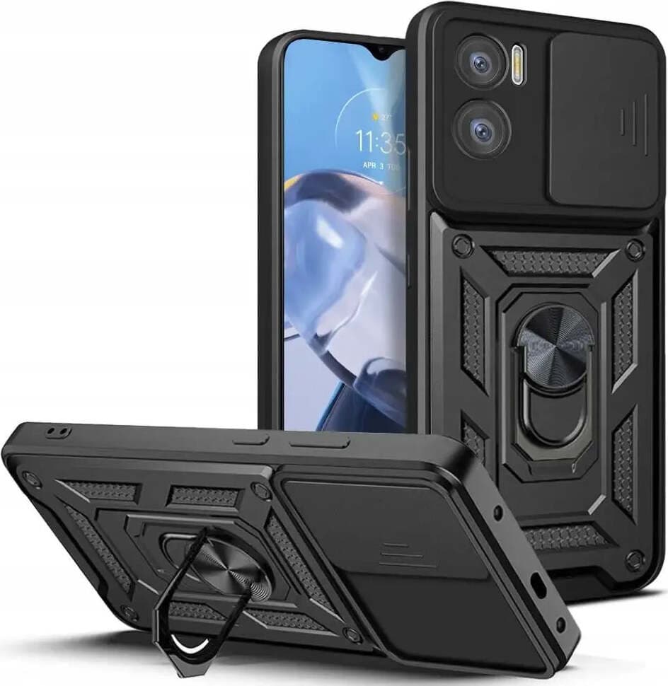 Хибриден удароустойчив кейс с пръстен против изпускане за Motorola Moto E22, Moto E22i - Tech-Protect CamShield Pro Hard Case (черен)