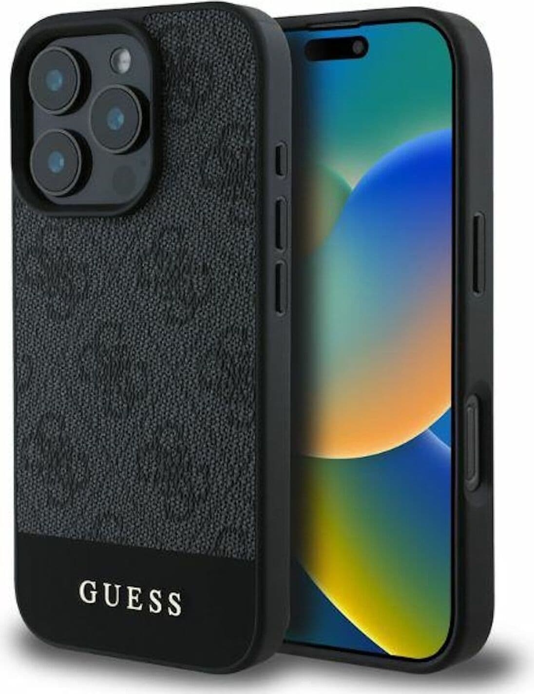 Калъф за Apple iPhone 16 Pro Max, хибриден (термополиуретан и полиуретан), Guess PU 4G Stripe Leather Hard Case, удароустойчив, сив