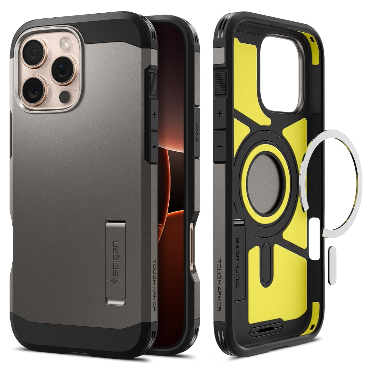Калъф за Apple iPhone 16 Pro, хибриден (термополиуретан и поликарбонат), Spigen Tough Armor MagSafe, удароустойчив, с поставка, сив