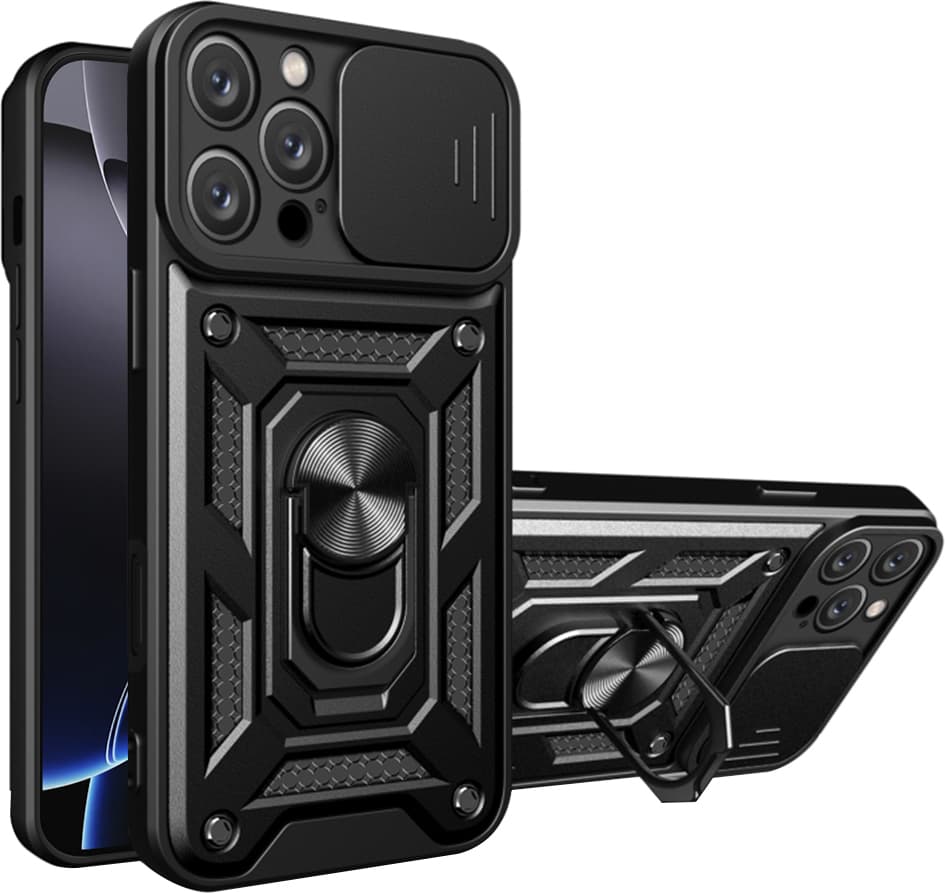 Калъф за Apple iPhone 16 Pro, хибриден (термополиуретан и поликарбонат), Techsuit CamShield Case, удароустойчив, с пръстен, черен
