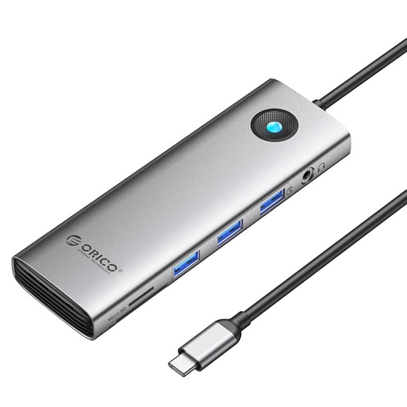 Докинг станция Orico PW11-10P-GY-EP, от USB Type-C към USB-C (PD), 3x USB-A, 1x HDMI, 1x VGA, 1x RJ45, 1x 3.5mm жак, 1x microSD четец, 1x SD Card четец, сребриста