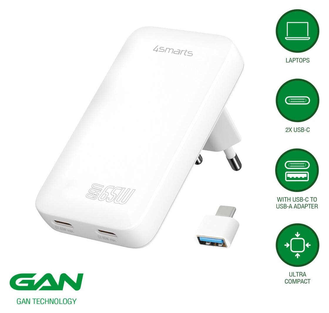 Зарядно устройство 4smarts GaN FlatPlug Slim Dual, от контакт към 2x USB C(ж), 20V/3.25A, бяло, 65W, PD 3.0