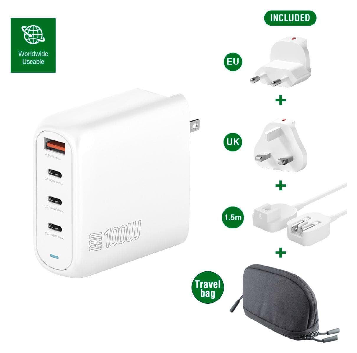 Зарядно устройство 4smarts GaN Flex Pro Travel Edition, от US/UK/EU към 3x USB-C(ж), 1x USB-A(ж), 20V/5A, бяло, 100W, QC4+