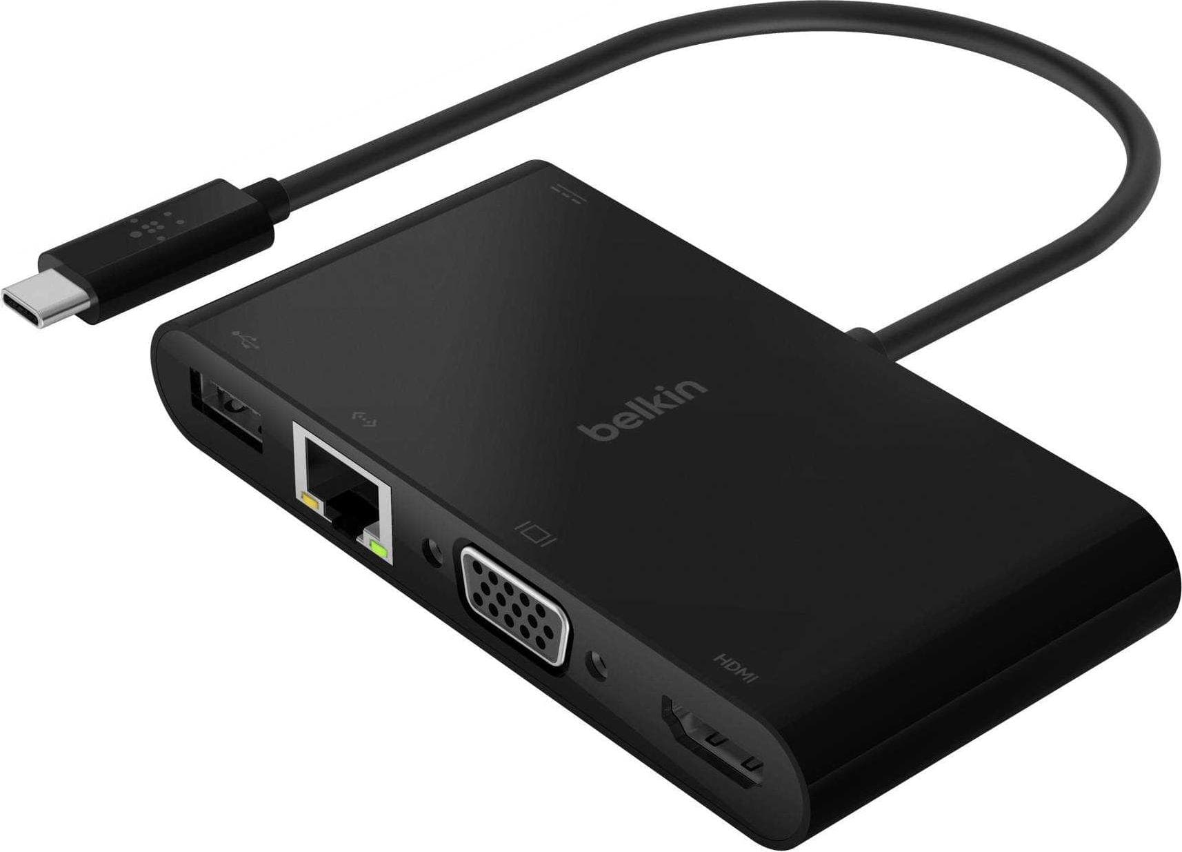 Мултифункционален адаптер за свързване от USB-C към Ethernet, HDMI, VGA и USB-А 3.0 - Belkin USB-C Multimedia Plus Charge Adapter (черен)