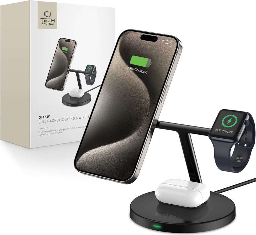 Безжично зарядно Tech-Protect Qi15W 3in1 Magnetic Stand, тройна поставка за безжично зареждане, 9V/2A, черно, 15W