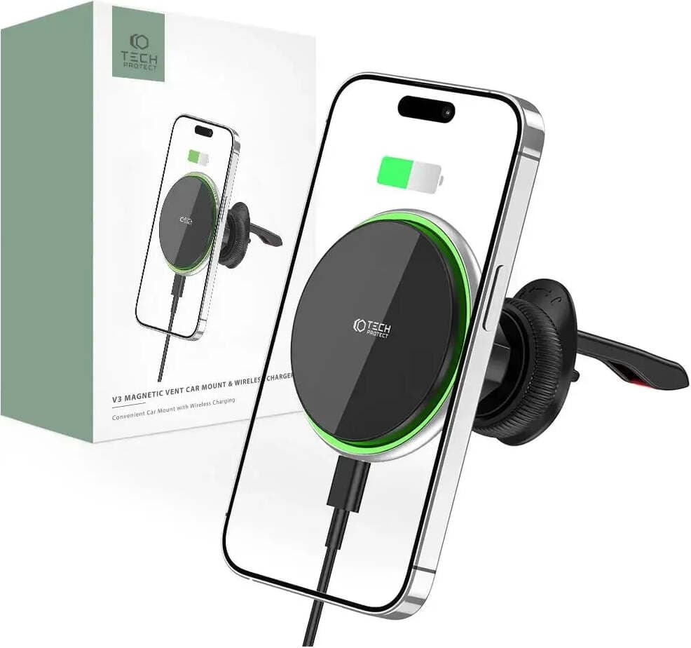 Магнитна стойка за телефон Tech-Protect MM15W-V3, за смартфони Apple, за кола, безжично зареждане MagSafe, черна