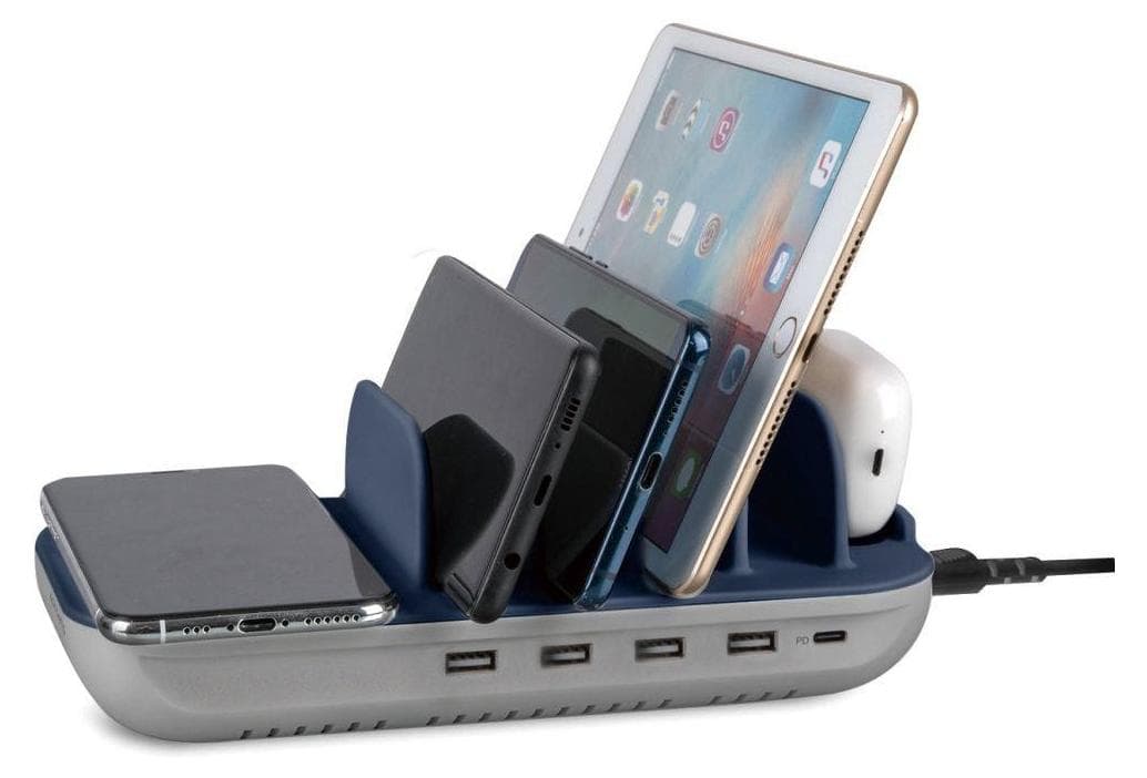 Зарядно устройство 4smarts 540323, от контакт към 1x USB C(PD), 4x USB A(ж), безжично зареждане, 12V/1.5A, синьо, 63W